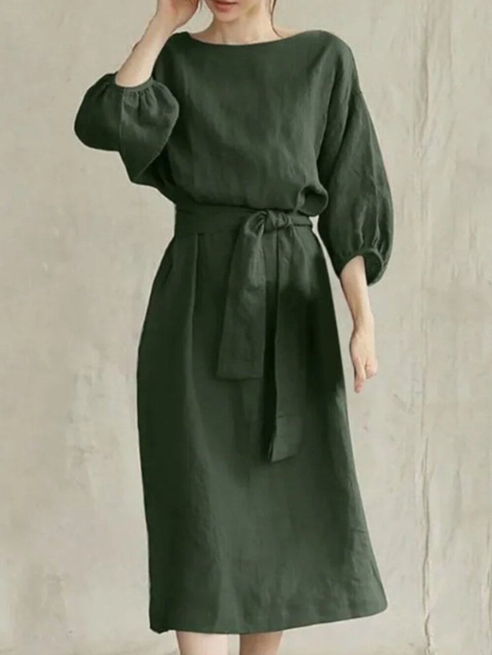 Cotton Tie Waist Puff Half Sleeve Casual Midi Dress
